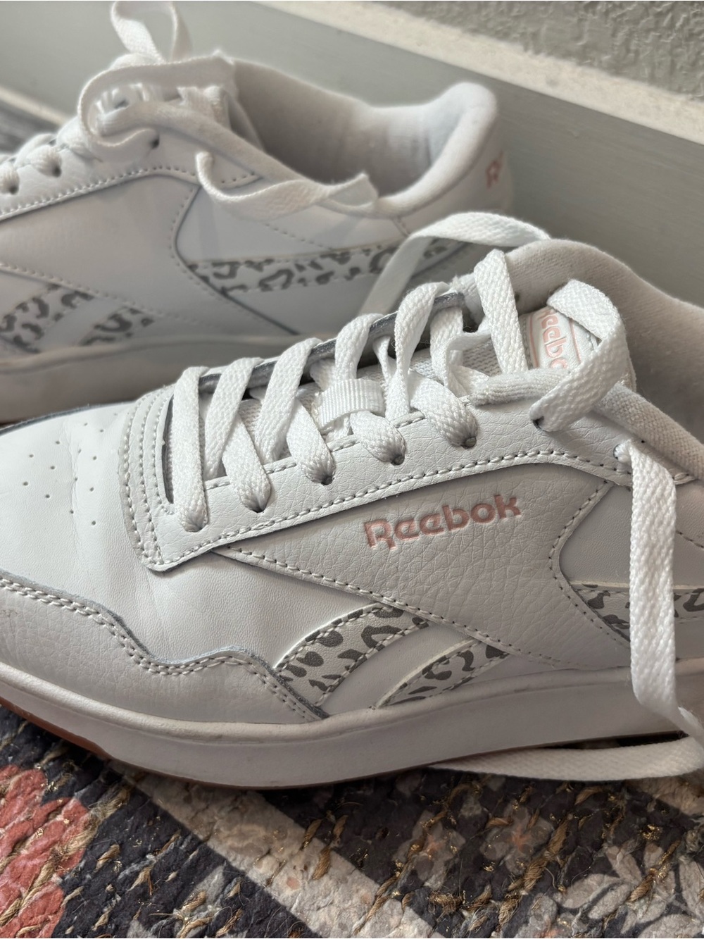 Reebok White Sneakers with Light Pink Logo and Leopard Accents